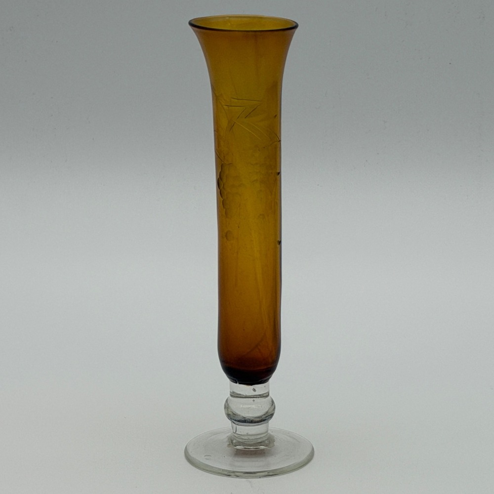 Vintage Ucagco Japan Amber Etched Glass Bud Vase Grape‎ Pattern MCM 8 inch